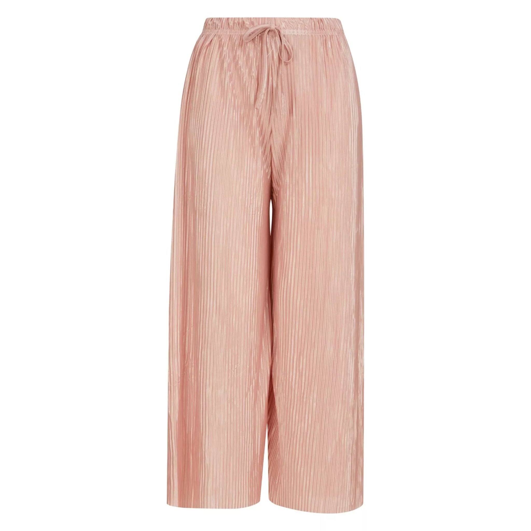 Ladies soft touch cropped trousers in dusty pink – lightweight wide leg casual pants with elasticated drawstring waist.